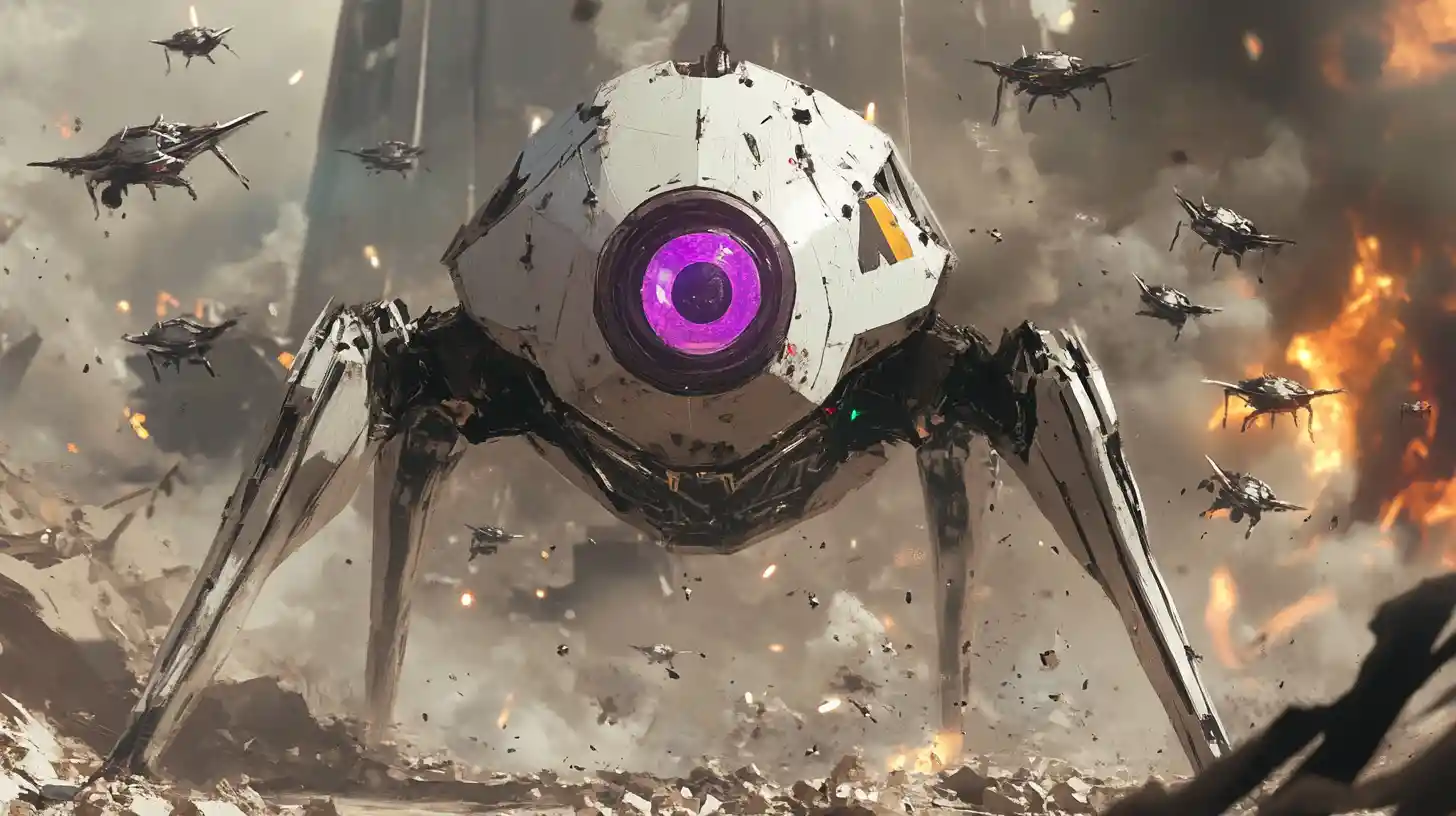 Robot quadrupede in stile anime con droni sul campo di battaglia