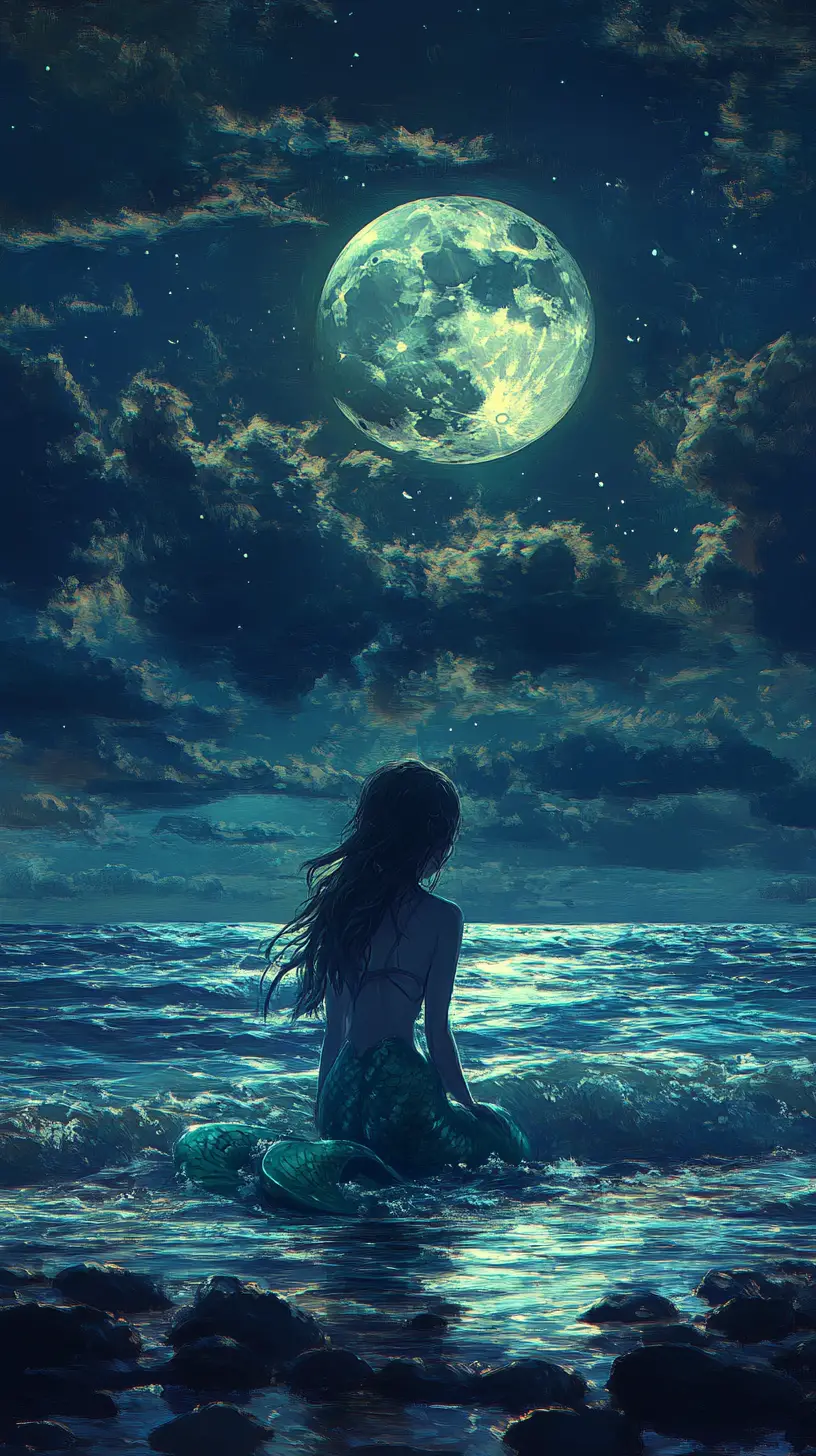 Anime mermaid resting in moonlit shallow beach waters