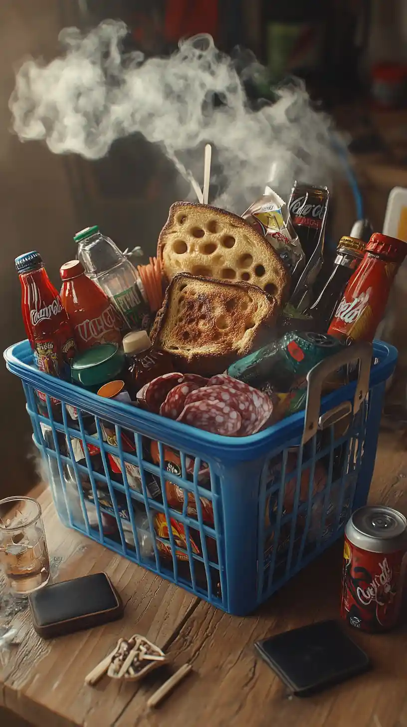 Overflowing blue shopping basket on a rustic wooden table
