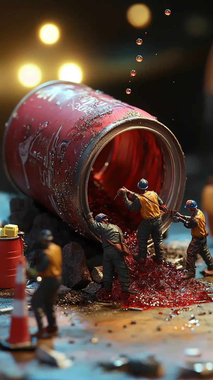 Miniature workers fixing a fallen soda can spill scene