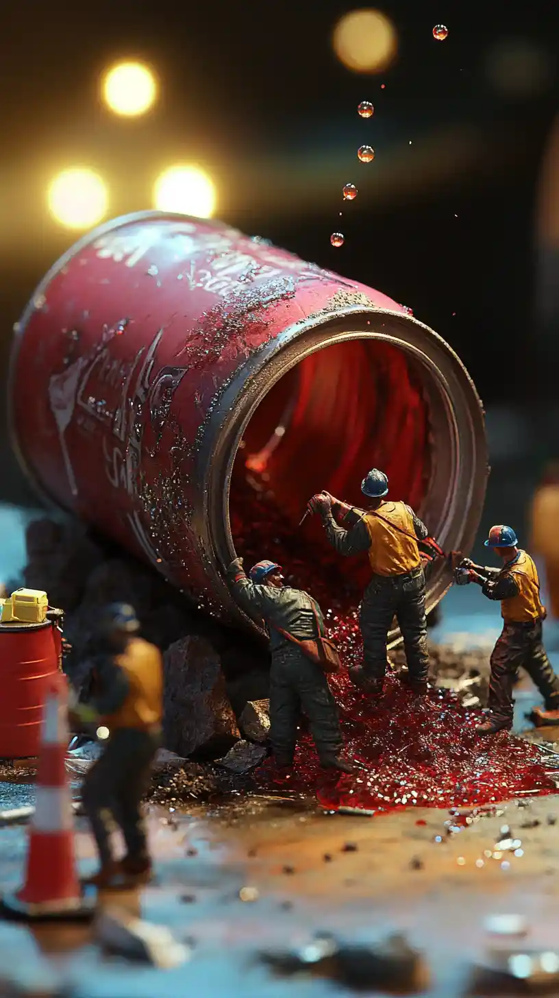 Lavoratori in miniatura che sistemano il liquido versato da una lattina di soda caduta