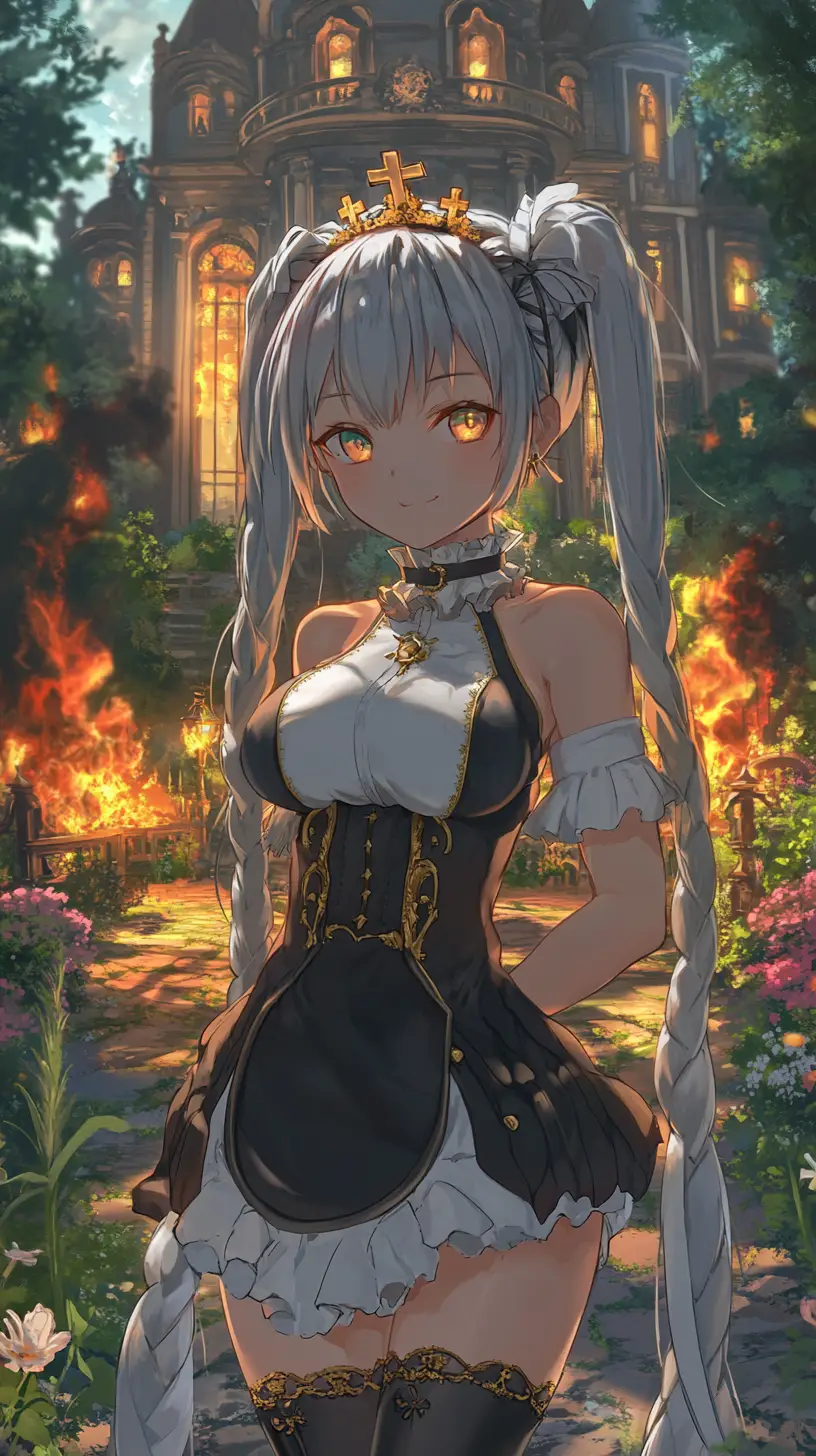 Ragazza anime in divisa da maid davanti a una villa in fiamme di notte