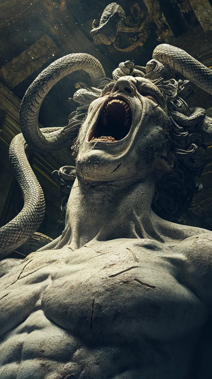 Stone gorgon statue screaming in a crumbling temple