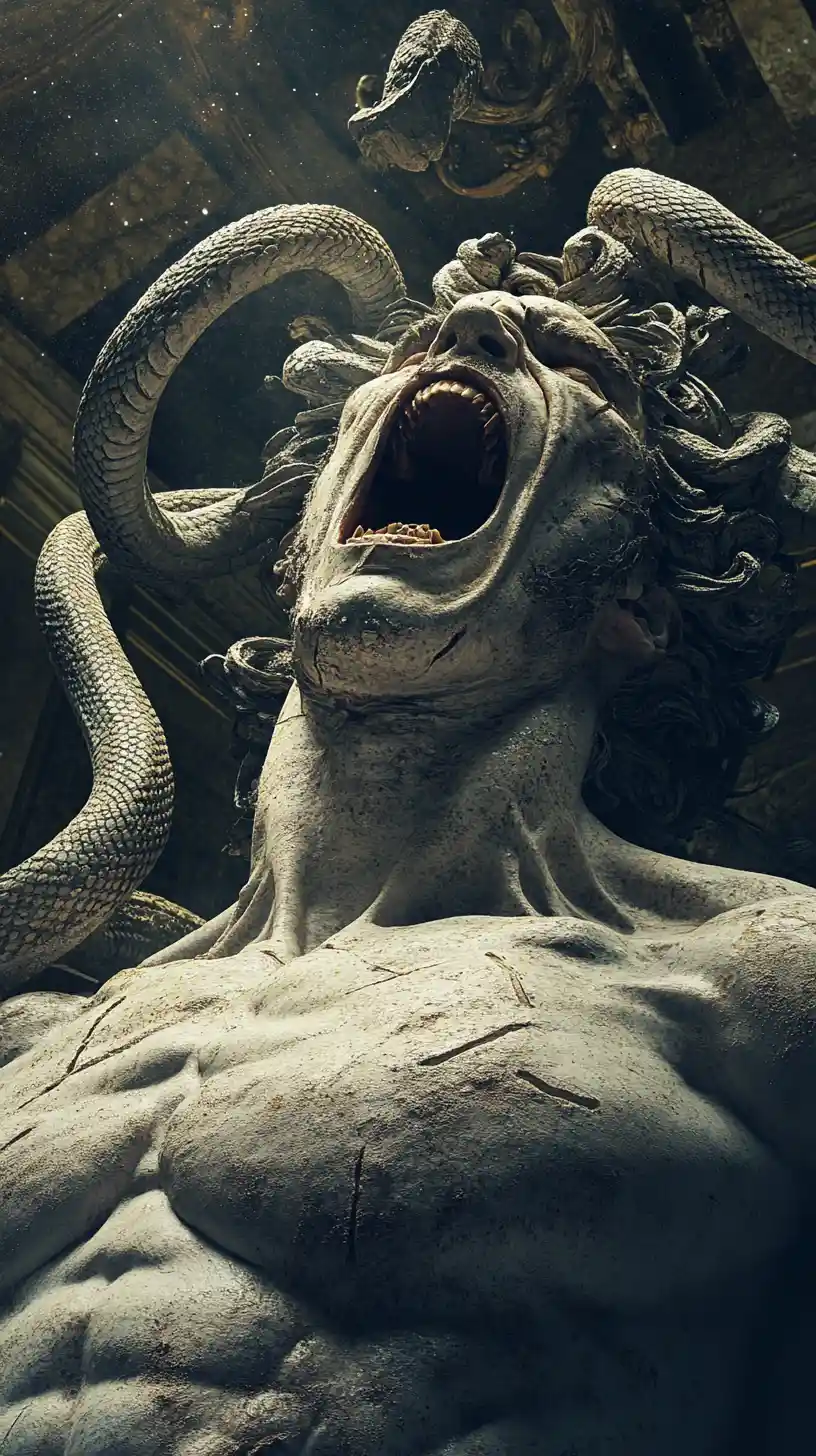 Statue de gorgone en pierre hurlant dans un temple en ruine