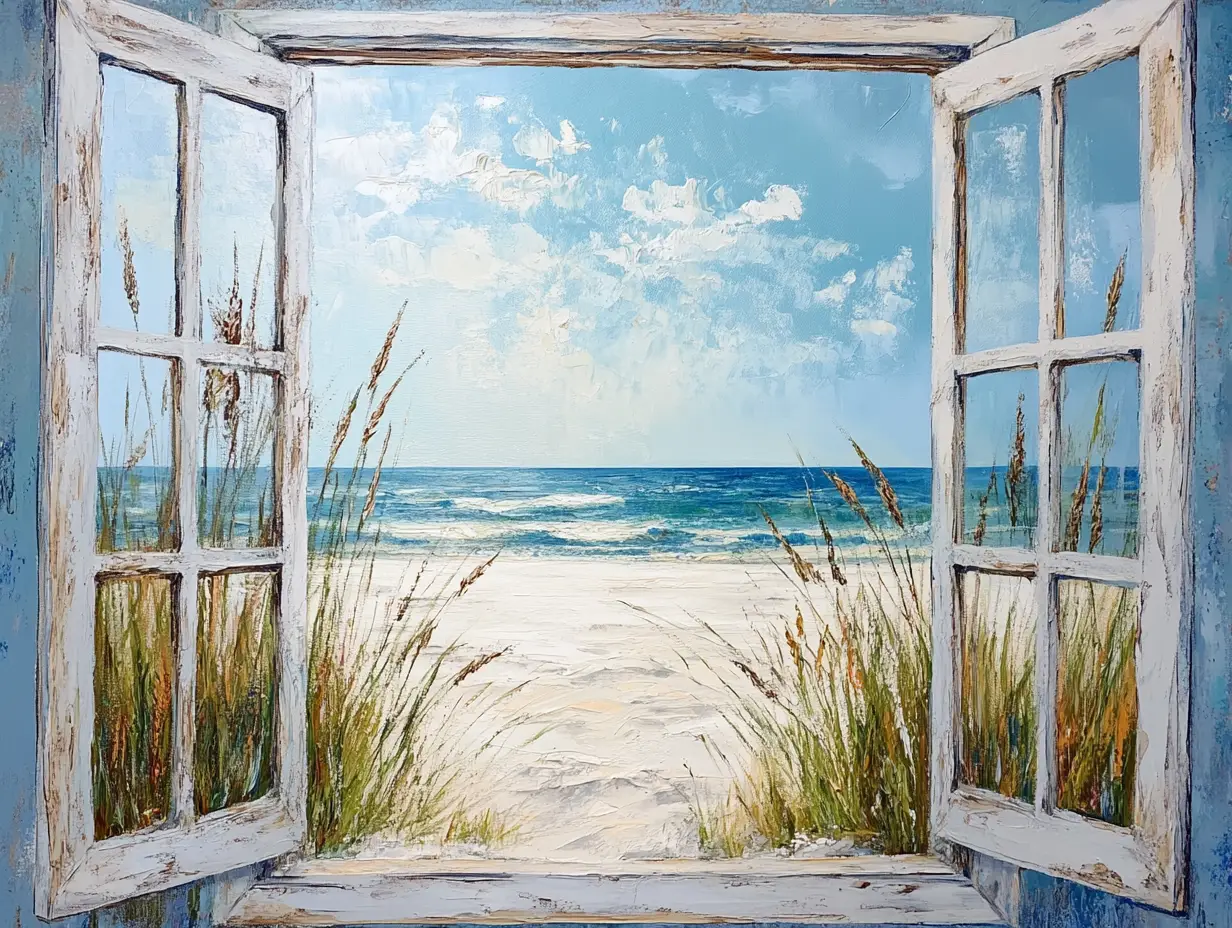 Acrylic painting of a window looking out to a sunny beach