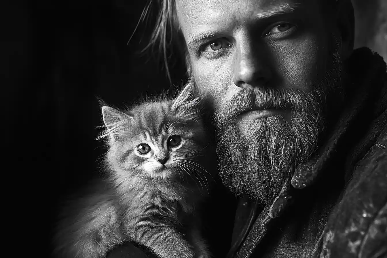 Bearded man with kitten in grainy black and white portrait