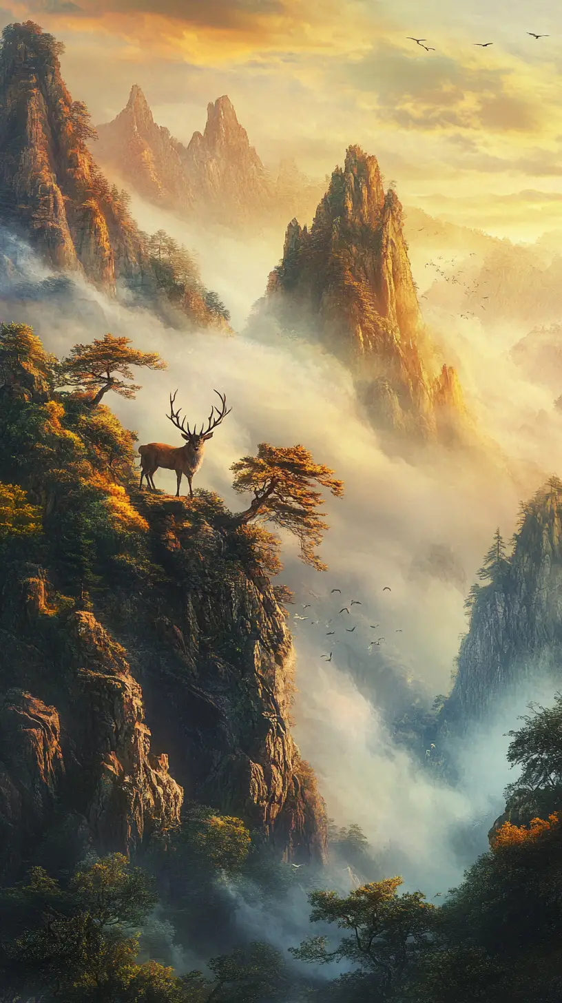 Majestuoso qilin surgiendo de montañas doradas y brumosas