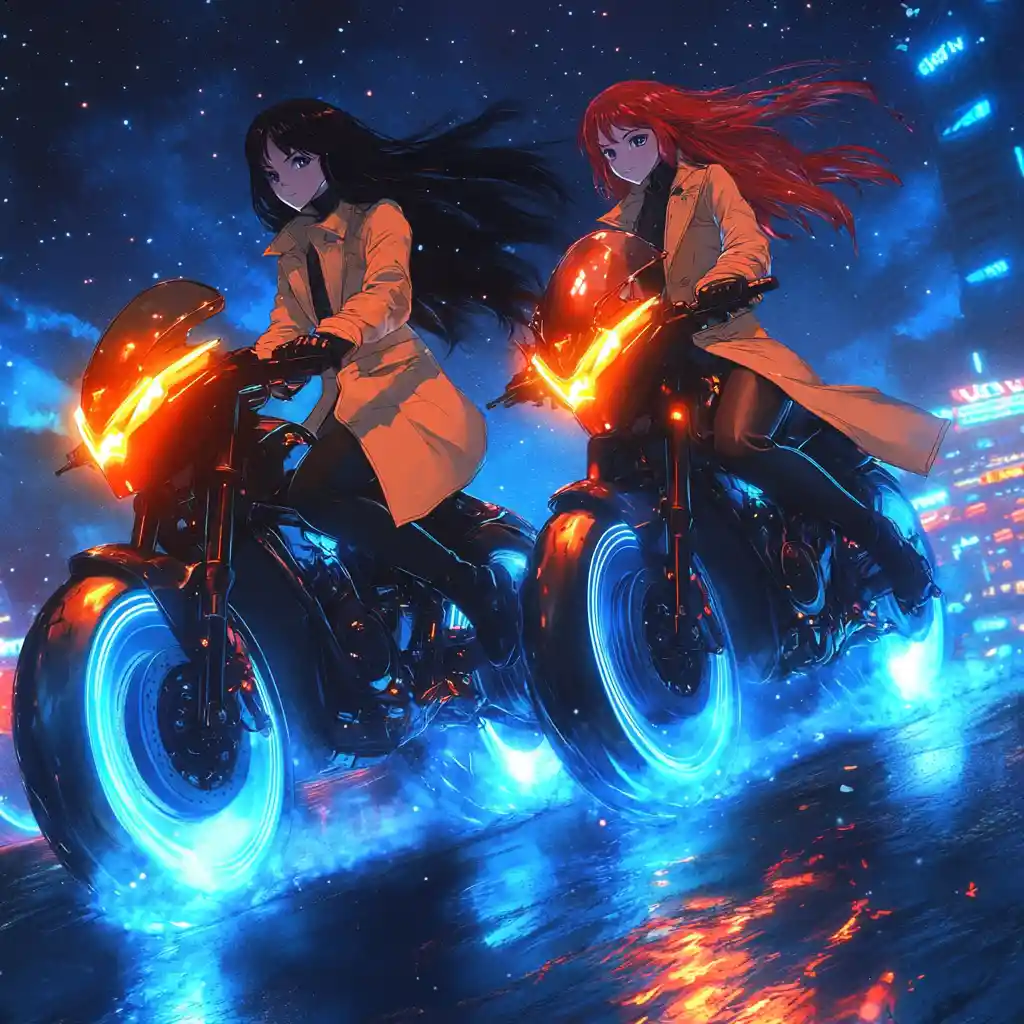 Anime girls riding neon motorcycles under starry night sky