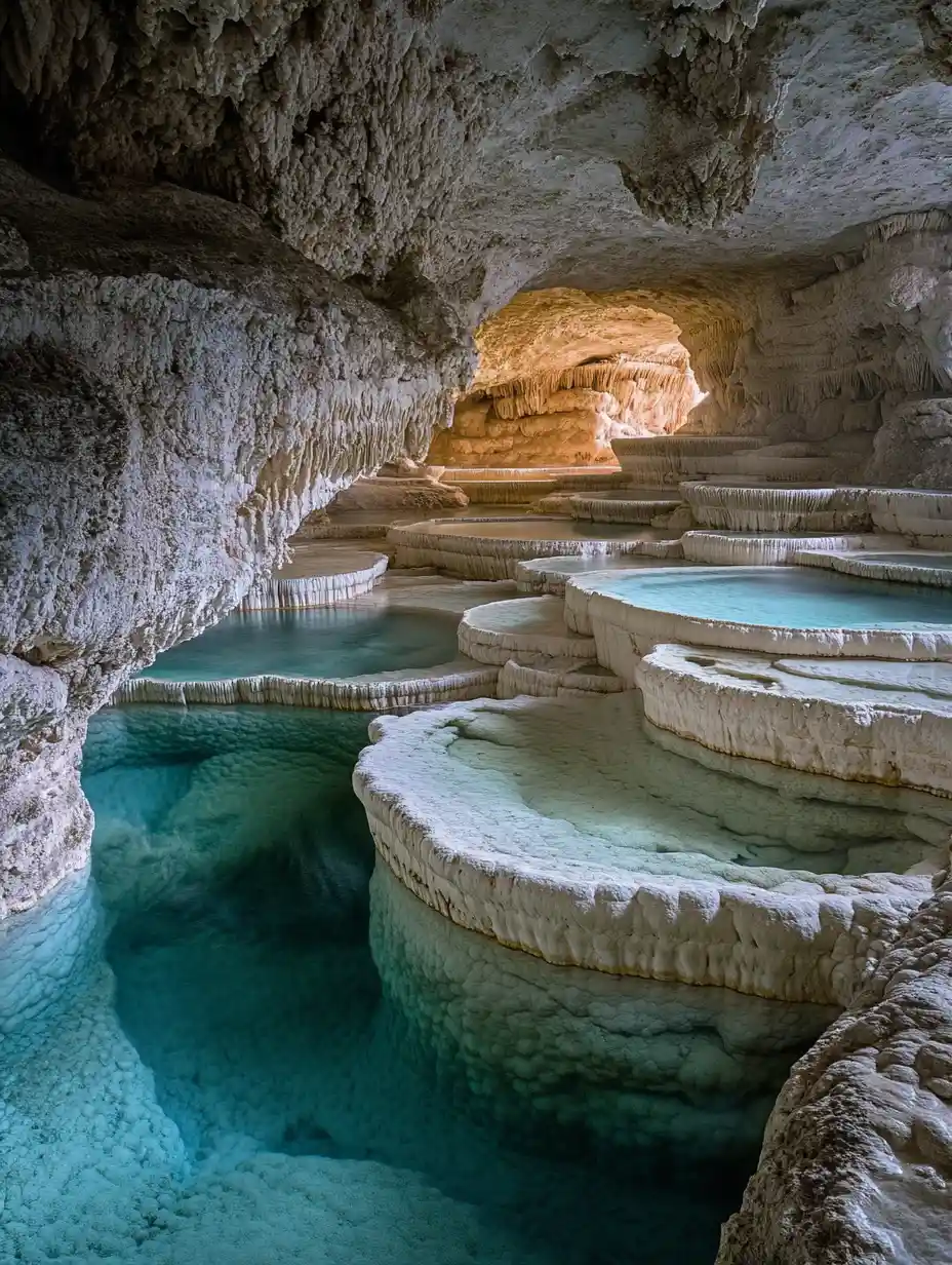 Steaming cave hot springs with travertine pools and stone slabs