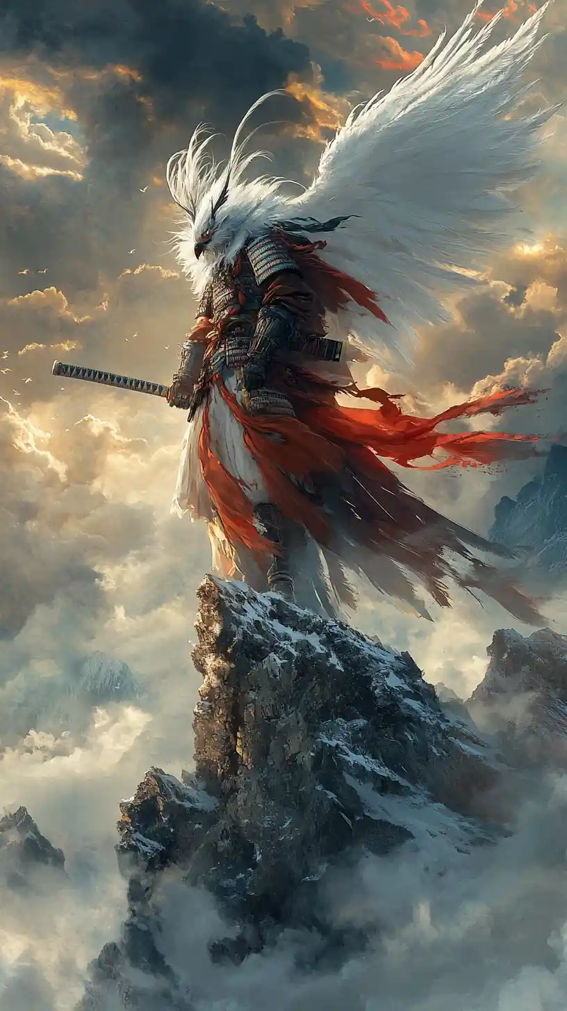 Tengu Warrior On Misty Mountain Peak At Dusk