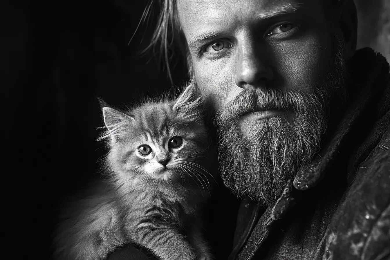 Bearded man with kitten in grainy black and white portrait
