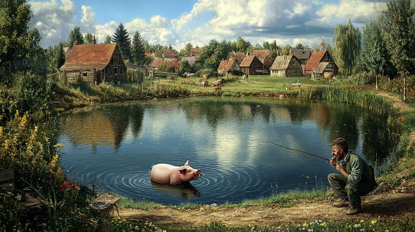 Funny pig and fisherman scene in a village pond