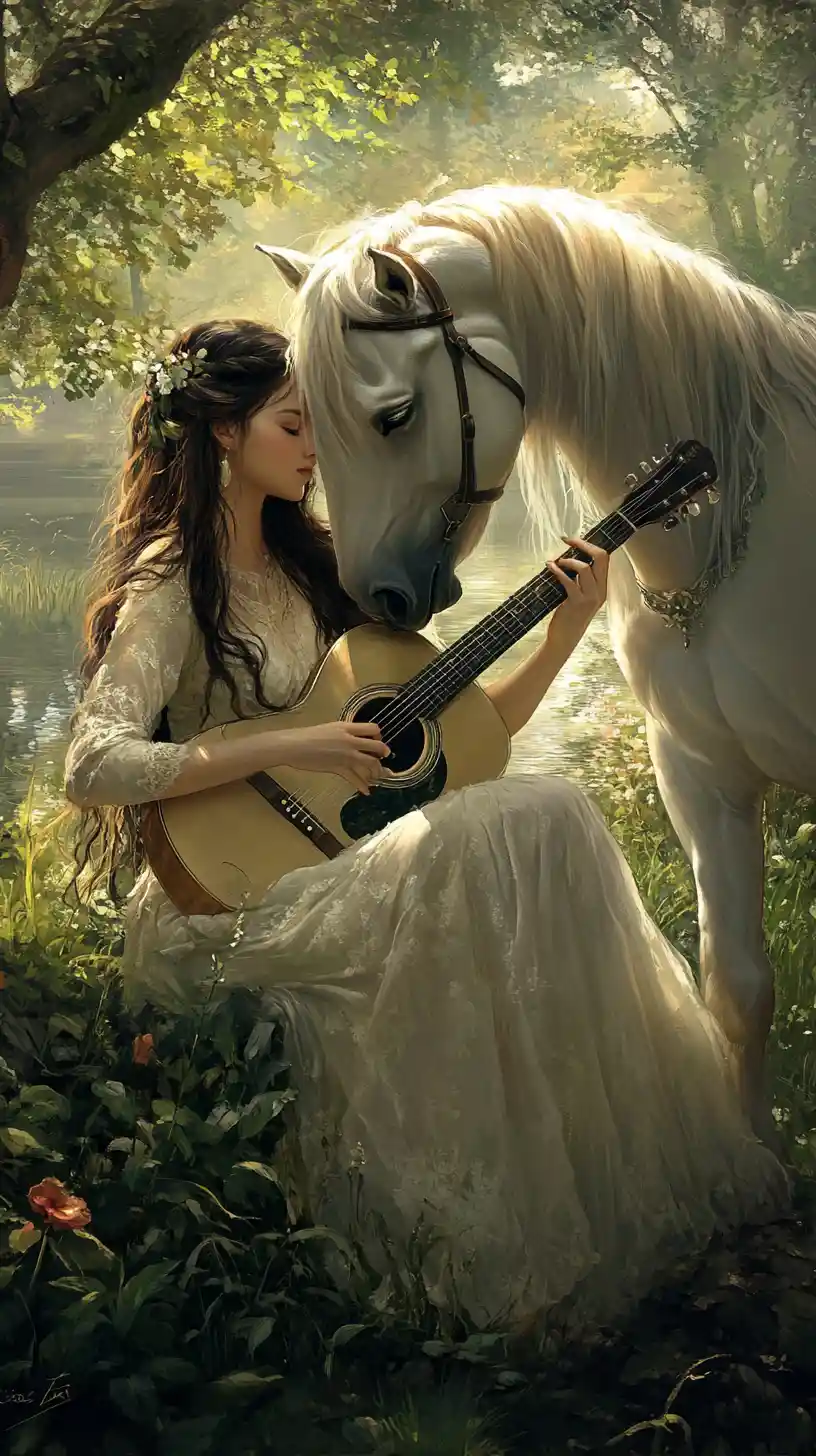 Young woman with guitar beside white horse in nature