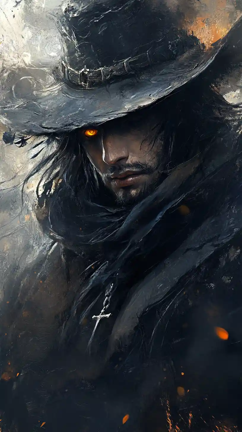 Mysterious outlaw portrait in a dark dreamlike fantasy painting