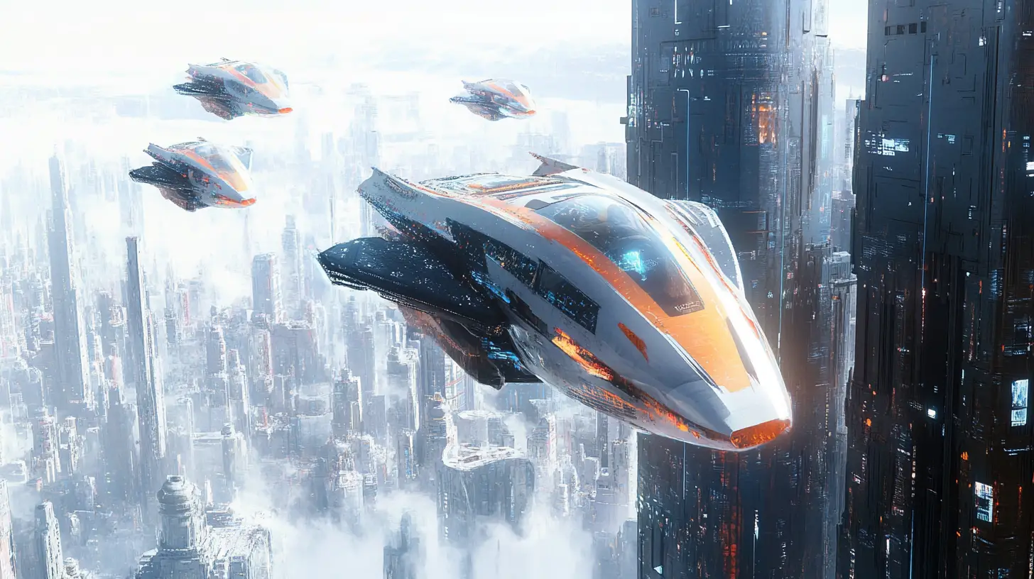 Futuristic flying car racing through a vibrant sci fi city