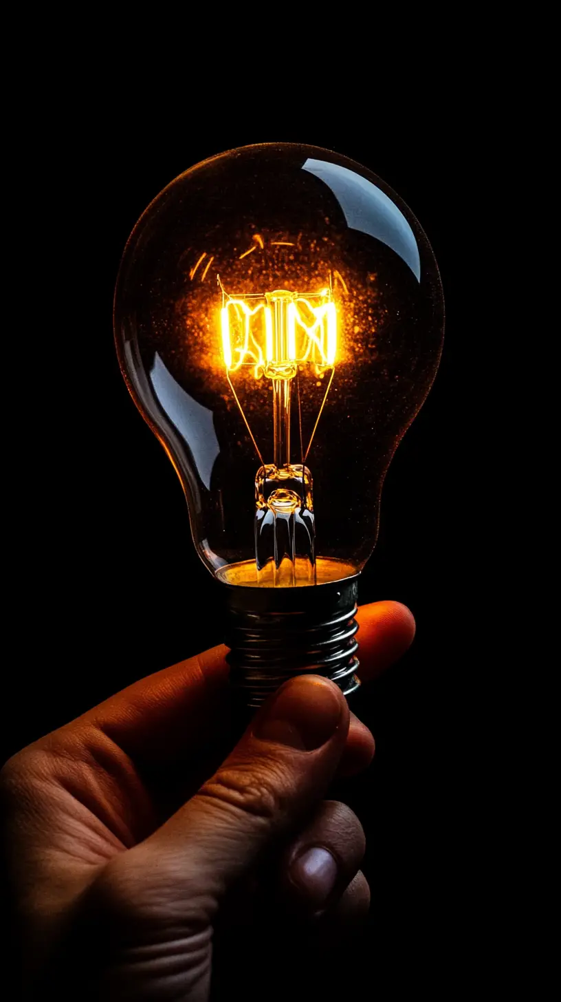Hand Holding Glowing Lightbulb Against Dark Black Background