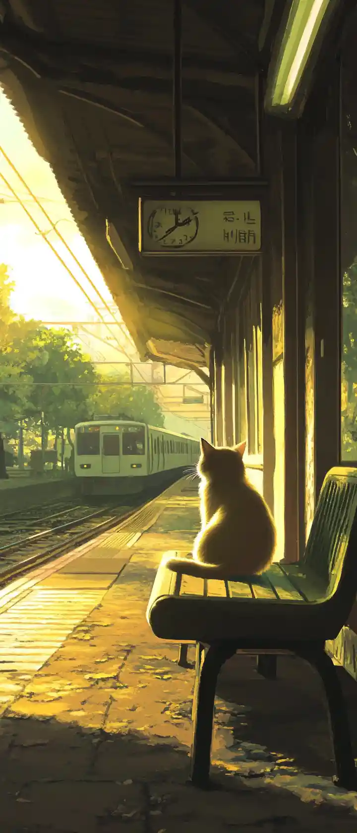Ghostly cat waiting on a quiet train station bench