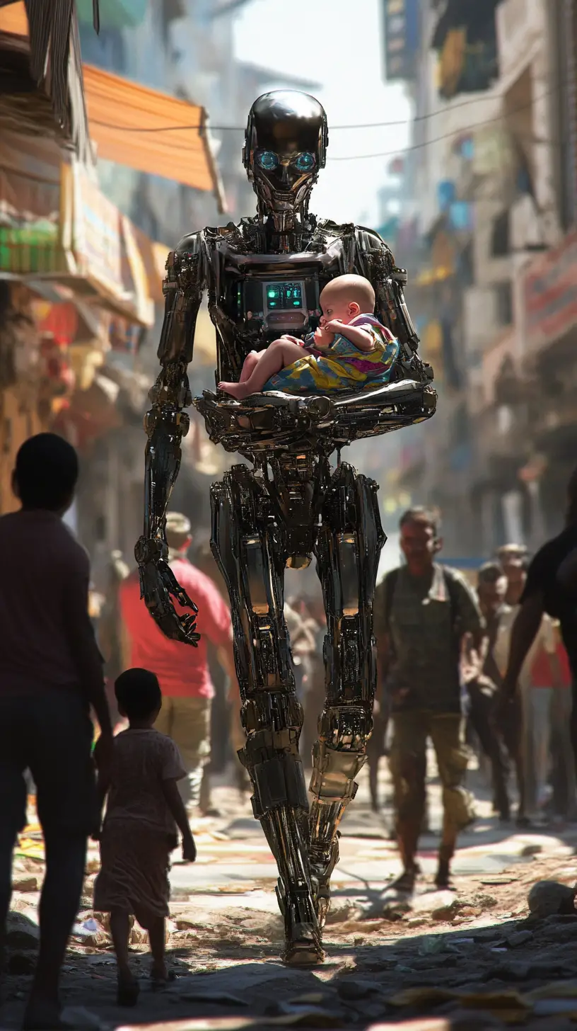 Robot carrying a baby through crowded urban slum