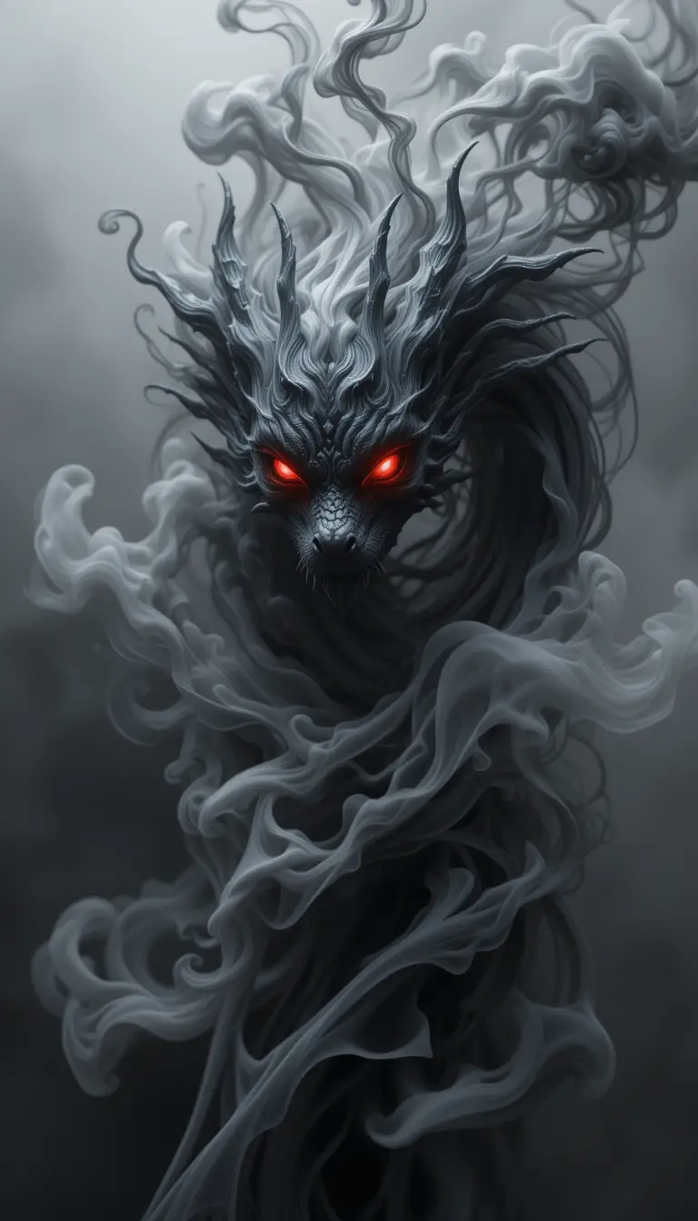 Smoky black dragon with glowing red eyes in haze