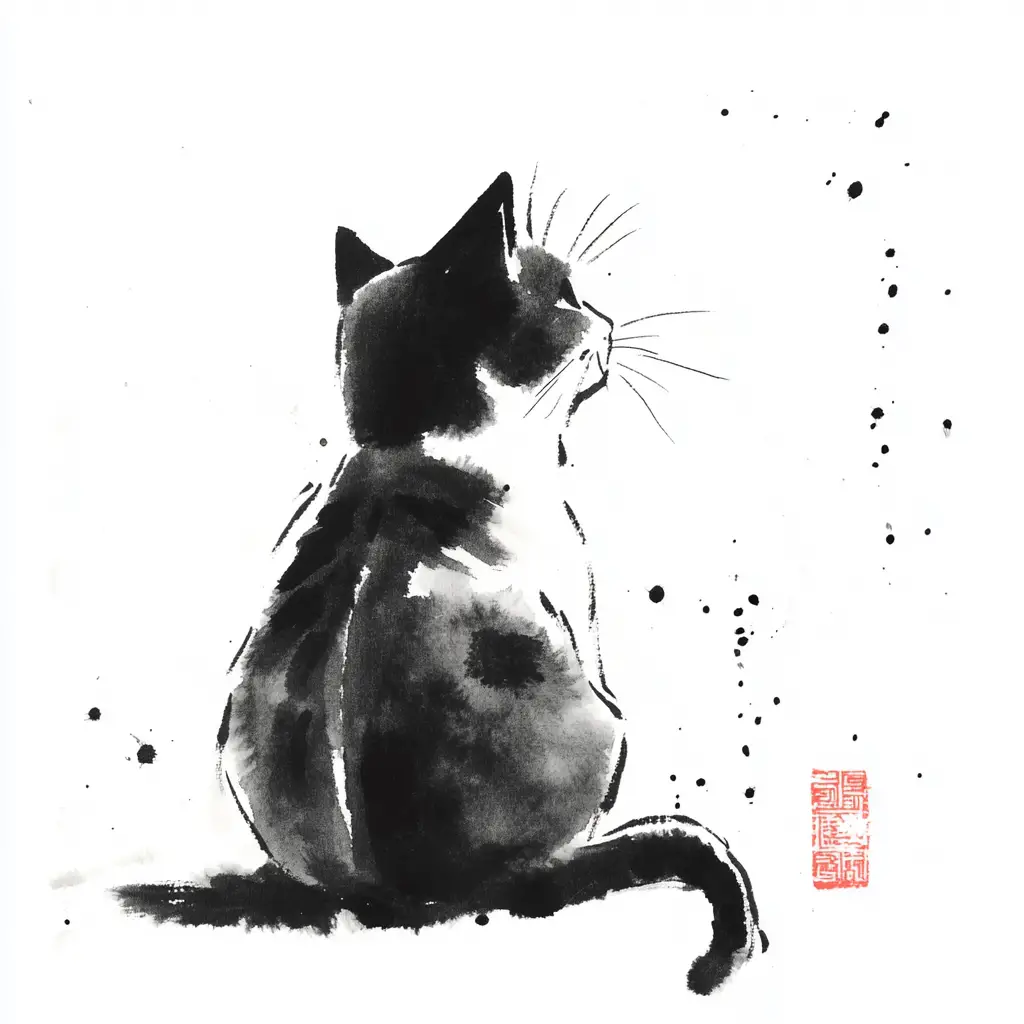 Graceful ink painting of a cute cat illustration