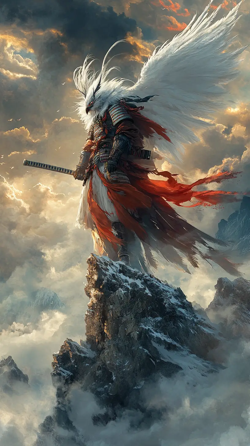 Tengu Warrior On Misty Mountain Peak At Dusk