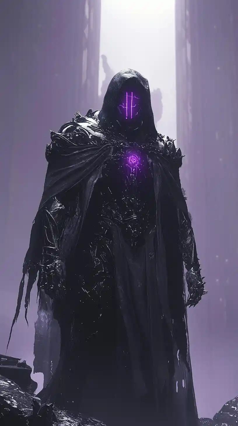 Ominous Armored Warrior In Ruined Gothic Techno Landscape