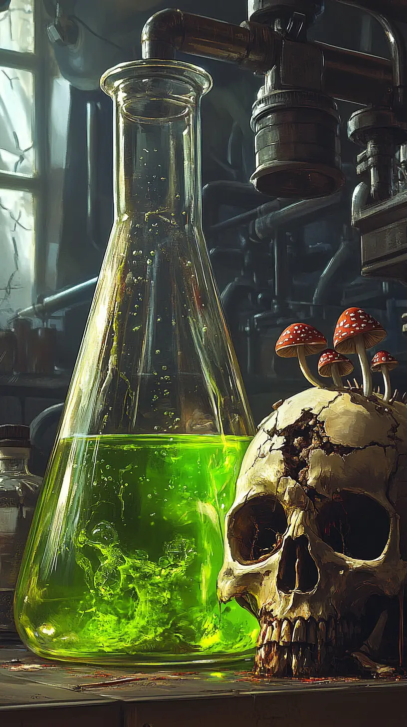 Green poison flask and skull with mushrooms in laboratory