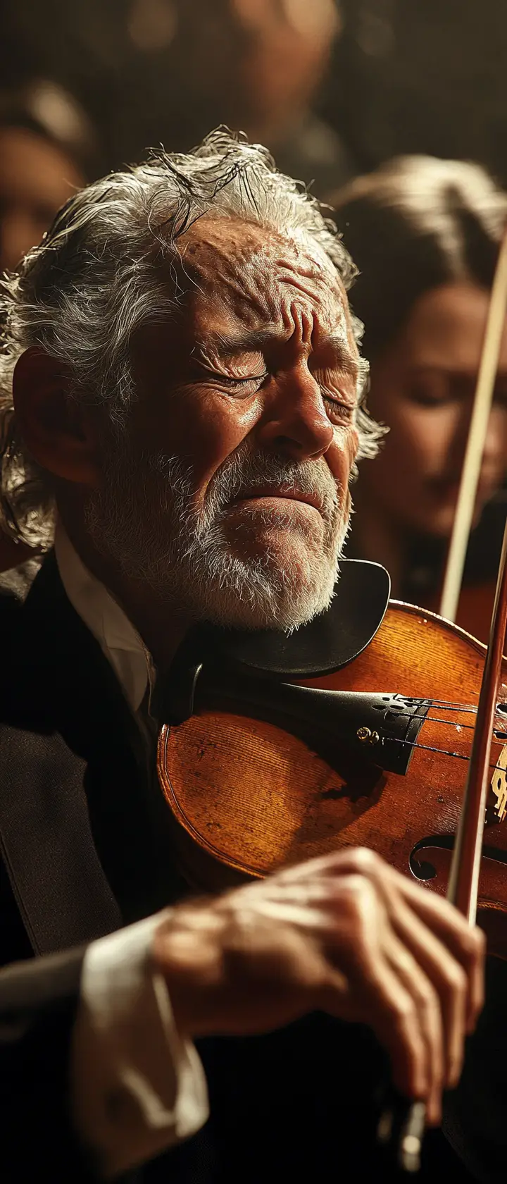 Aging violinist playing an emotional final concert on stage