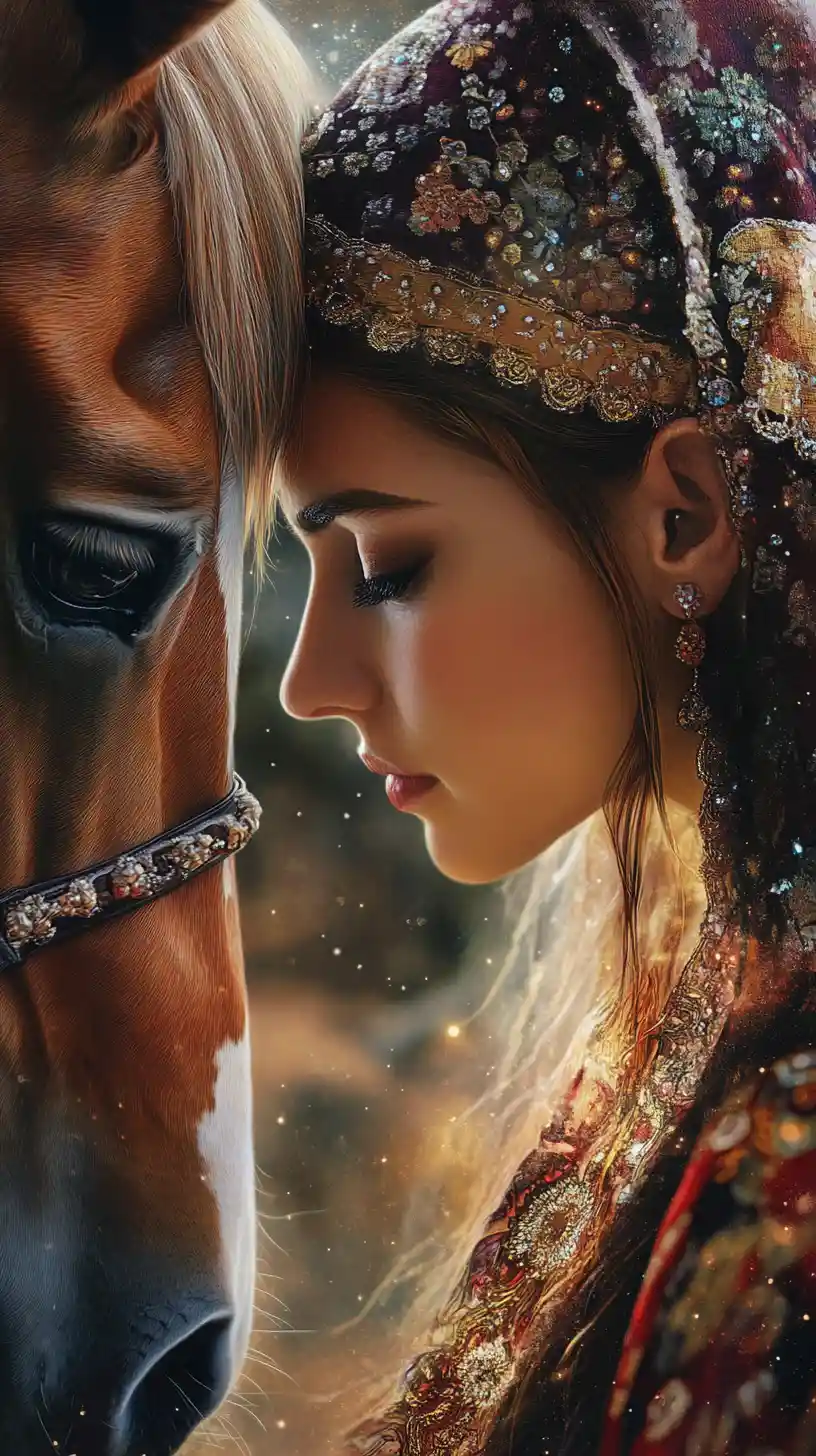 Hungarian woman with her horse on the open puszta plain