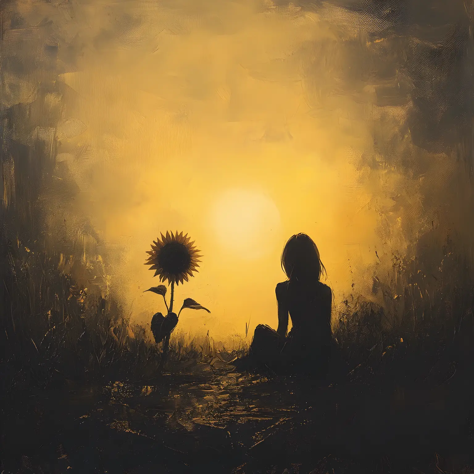 Whimsical girl beside a single sunflower in warm tones
