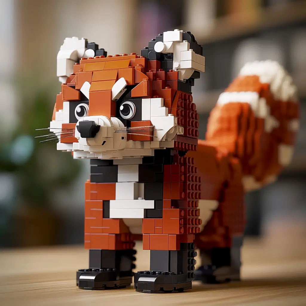 Red panda lego figure in a cozy childrens room