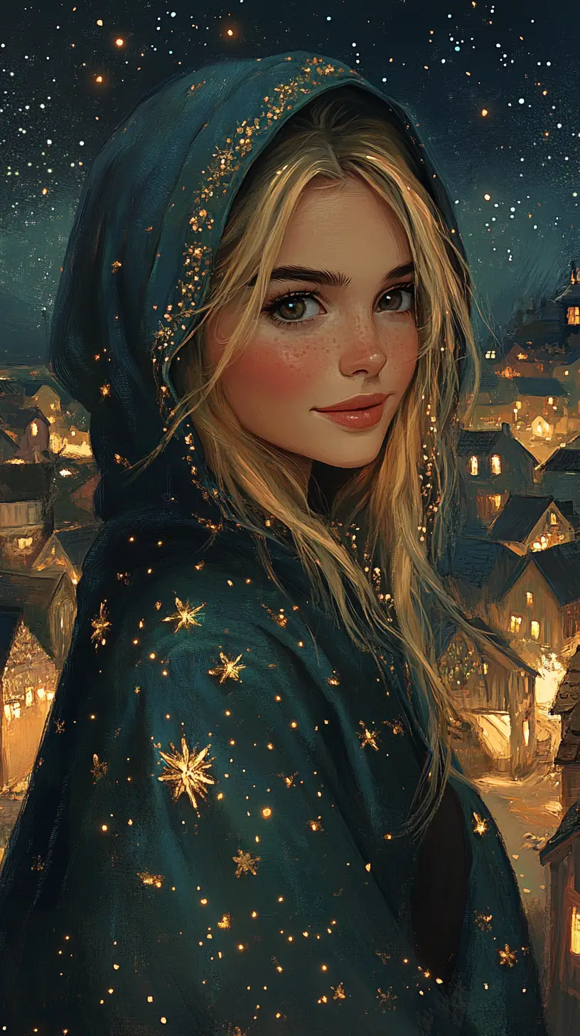 Smiling blonde girl in blue green coat under starry sky
