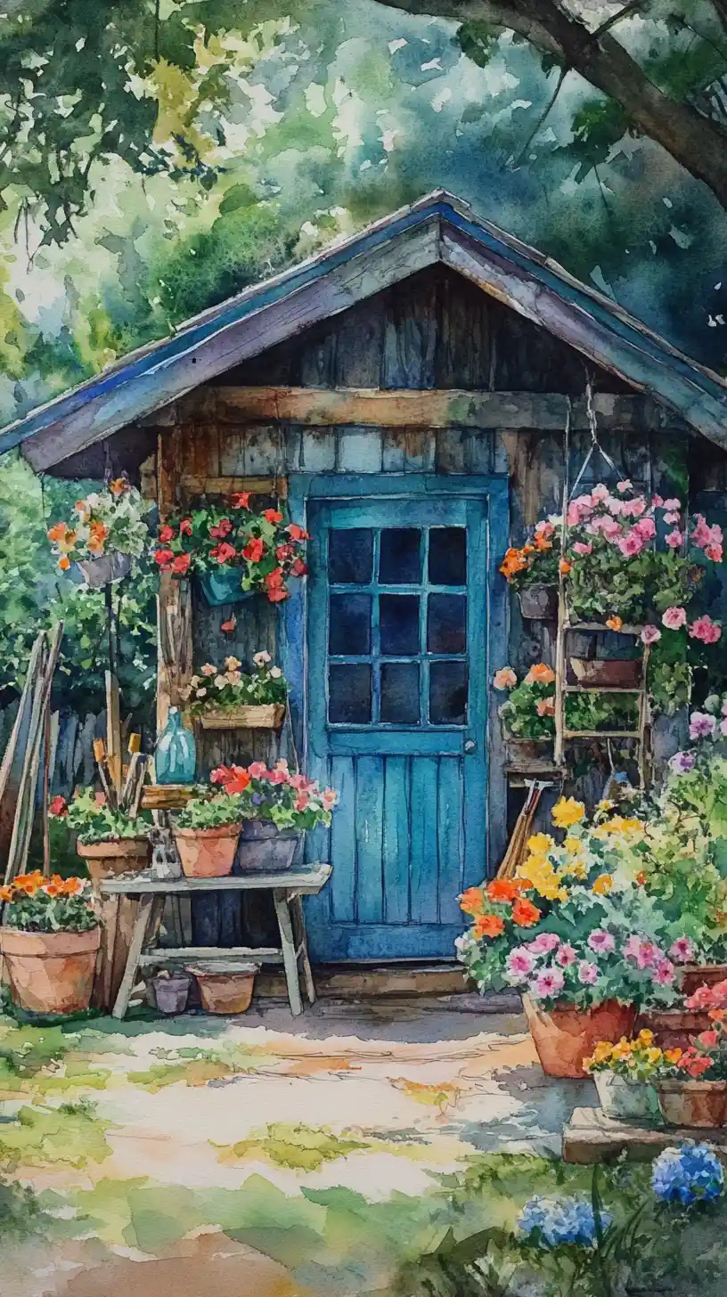 Rustic garden shed with blue door in watercolor garden