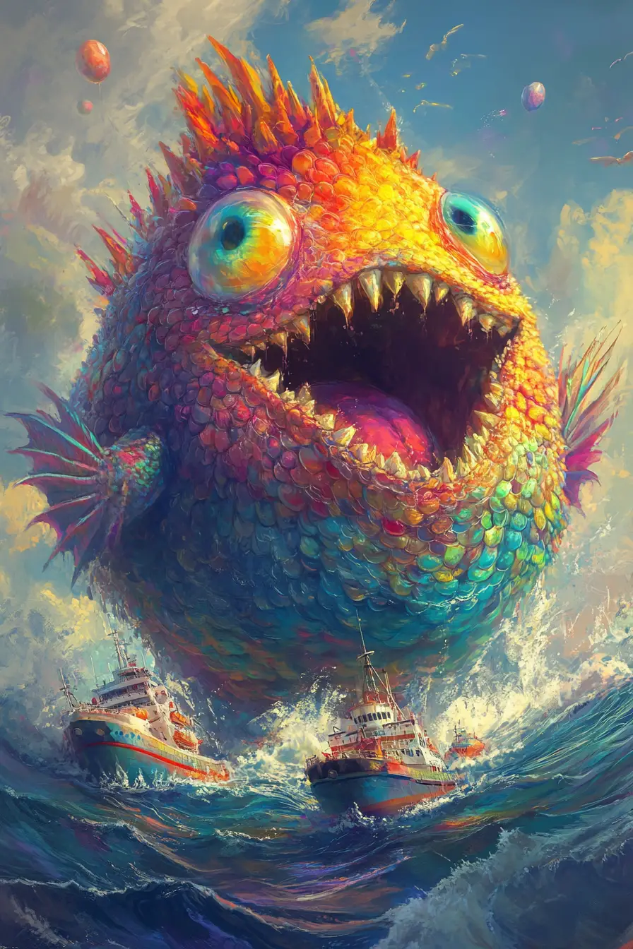 Playful sea monster bobbing happily in sparkling waves