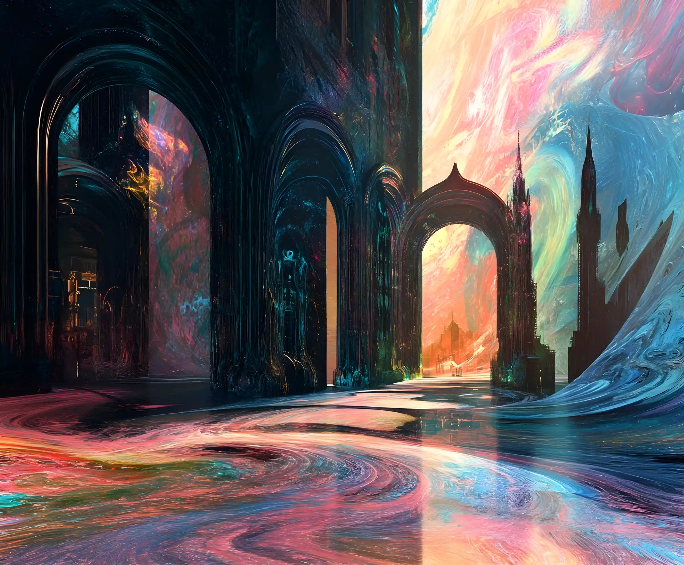Surreal dreamscape with roaming fantastical creatures and abstract architecture