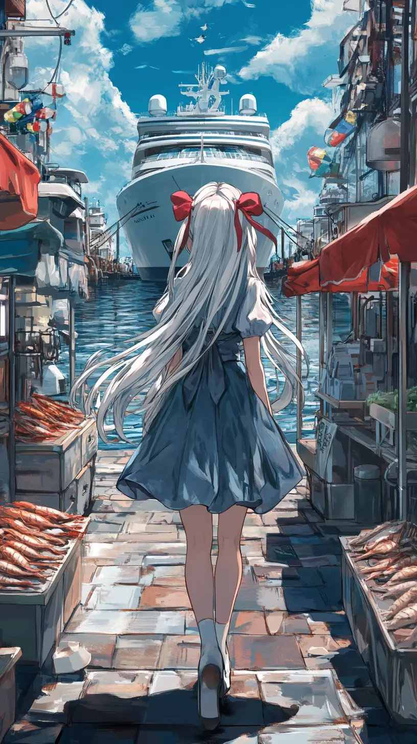 Anime girl walking by seafood stalls in a harbor
