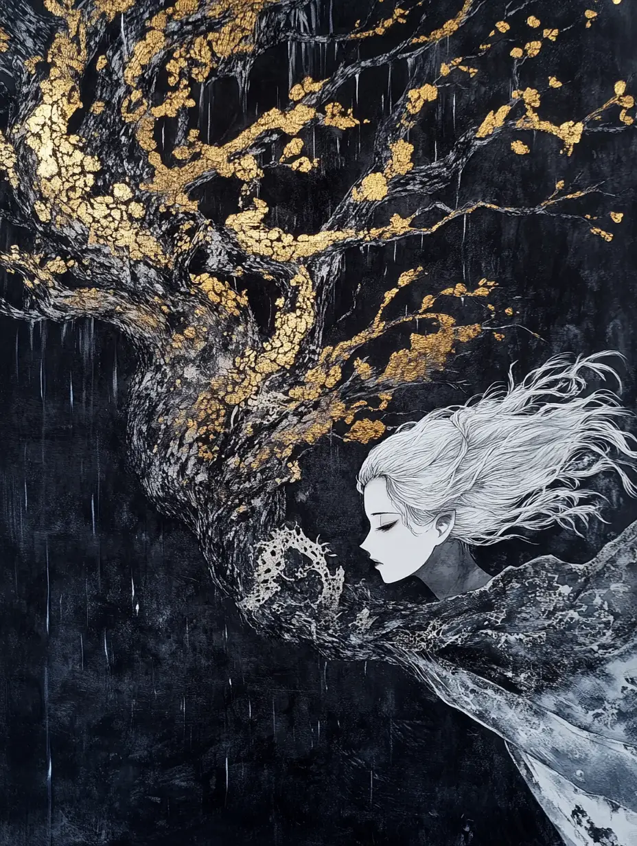 Young sorceress rising in a rainy post apocalyptic forest