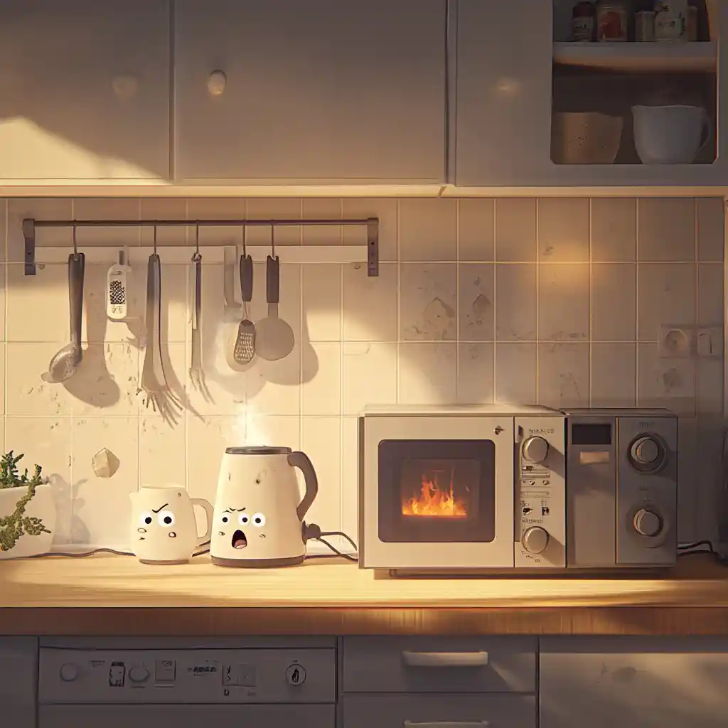 Appareils de cuisine surchargés sur un plan de travail chaotique façon dessin animé