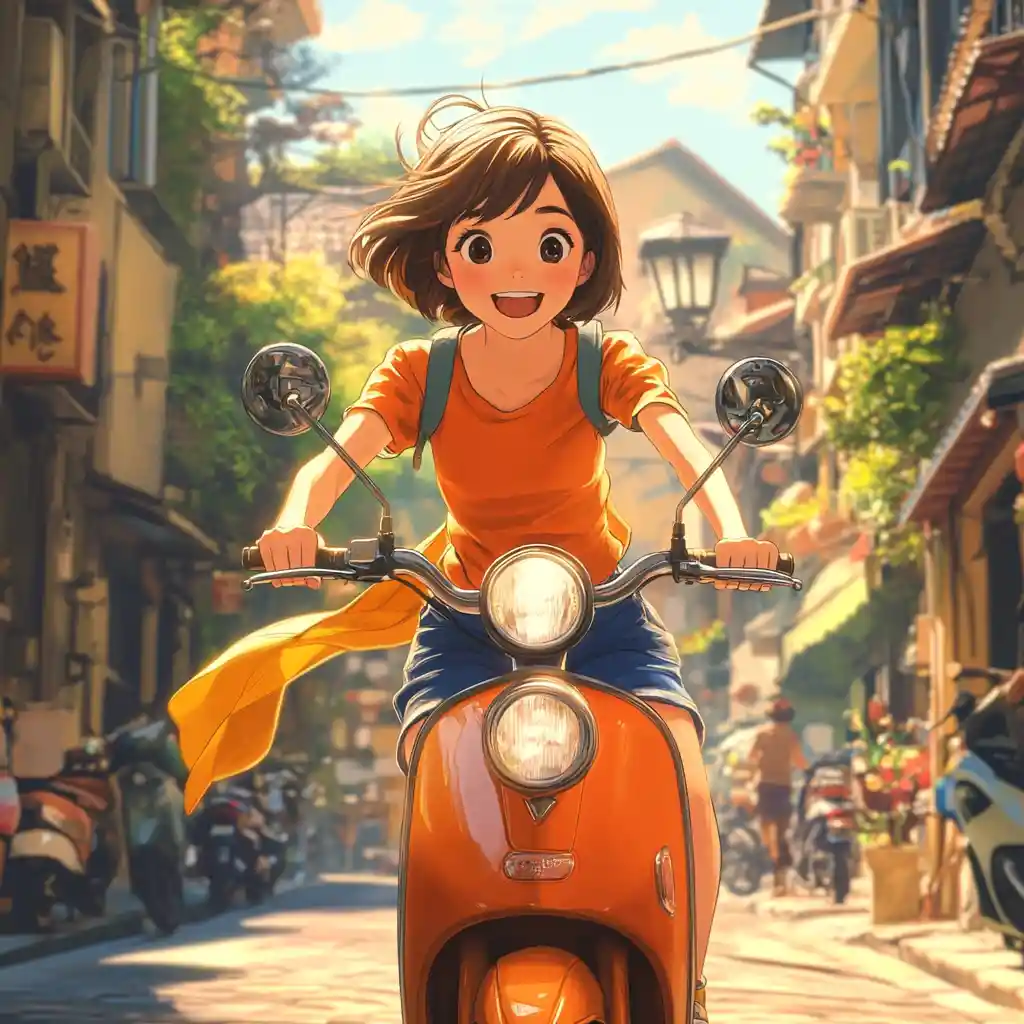 Anime girl riding orange scooter on sunny city street
