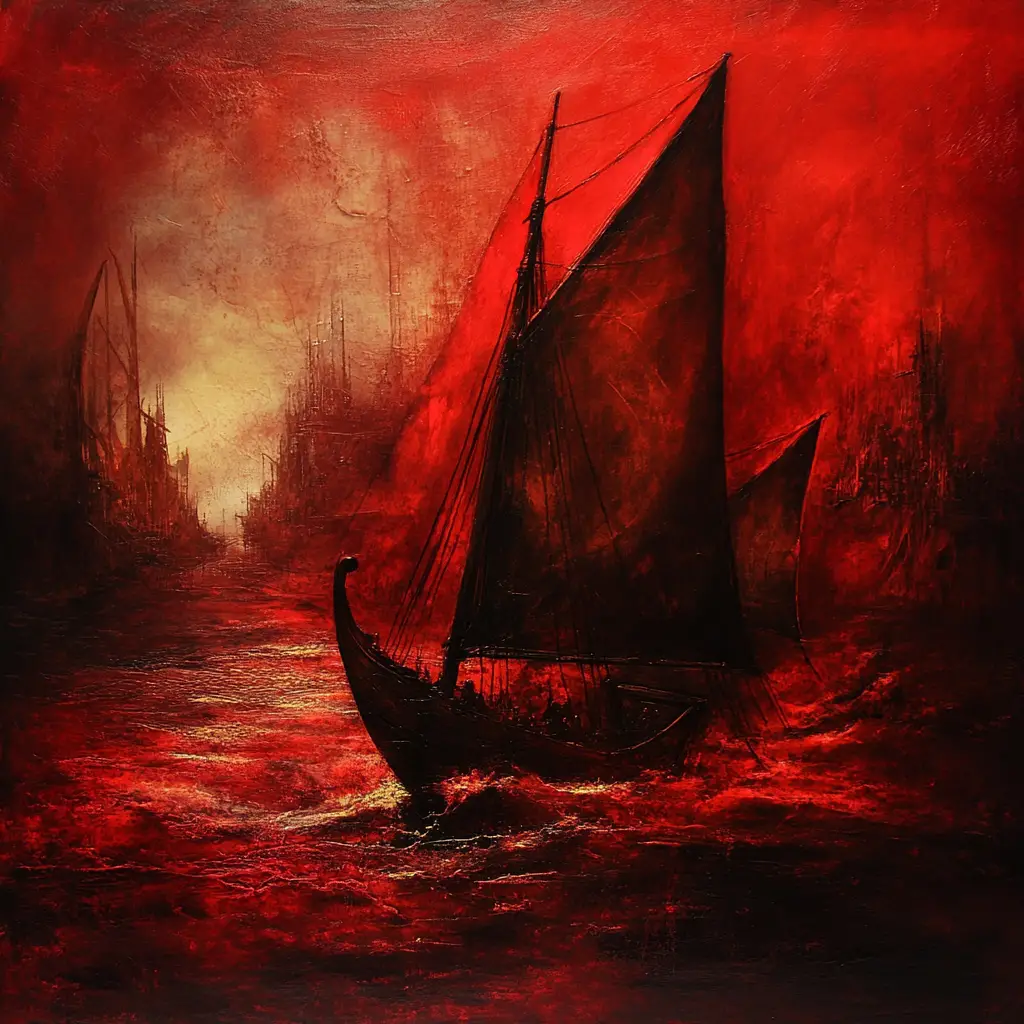Sailing ship drifting on crimson rivers of war and steel