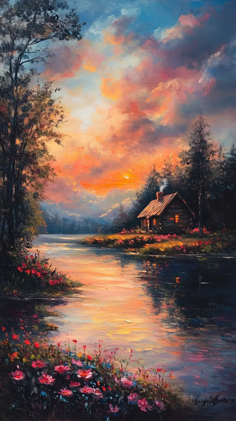 Tranquil River House At Sunset In Impressionist Painting