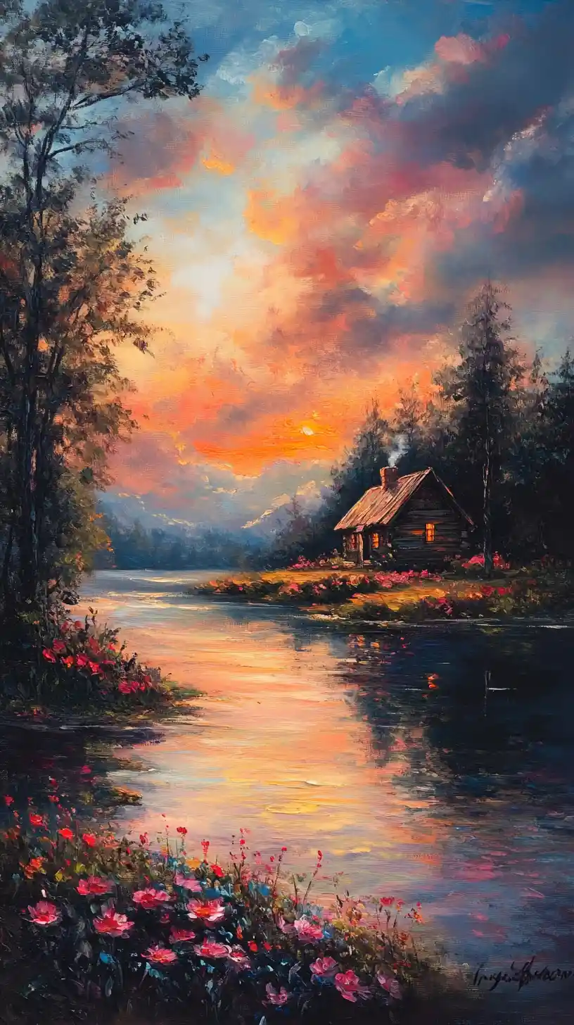Tranquil River House At Sunset In Impressionist Painting