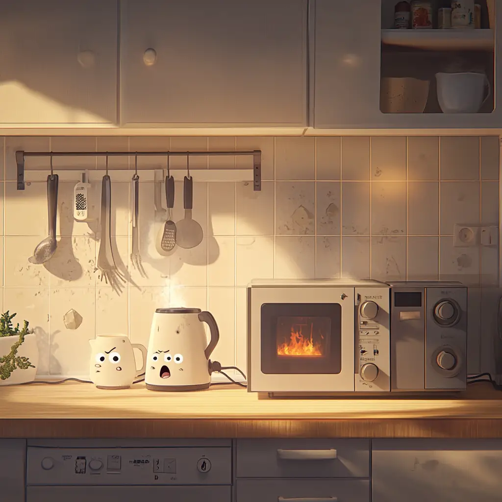 Overloaded kitchen appliances on a chaotic cartoon countertop