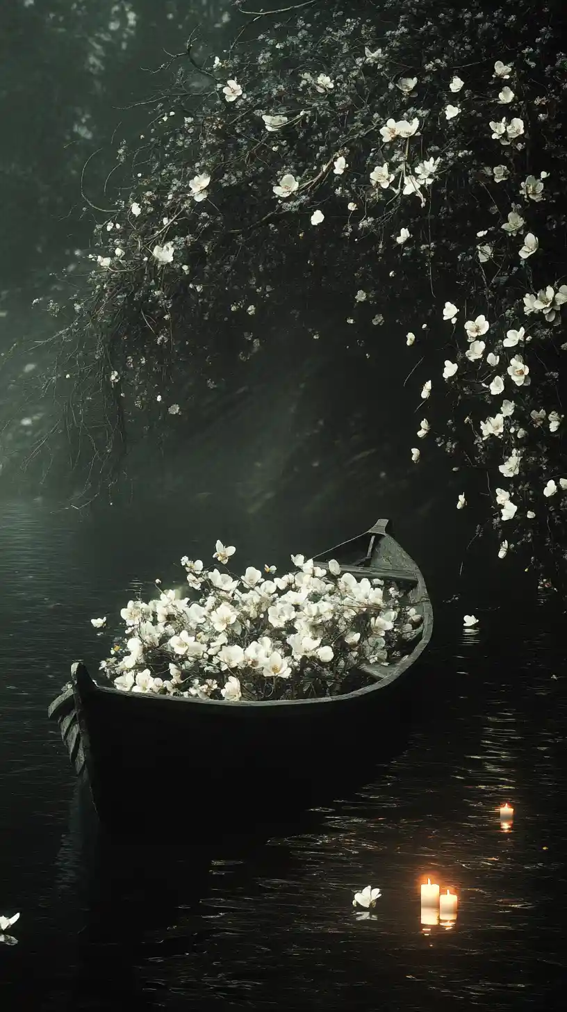 Vecchia barca piena di fiori su acqua nera mistica di notte