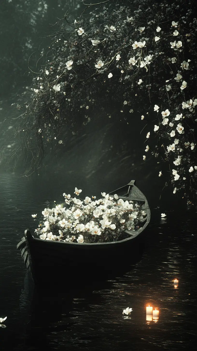Old flower filled boat on mystical black water at night