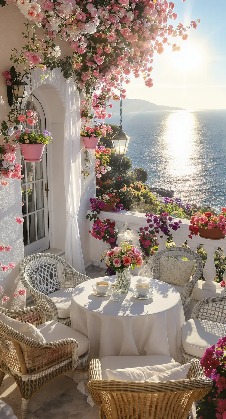 Sunny white patio with roses and ocean view