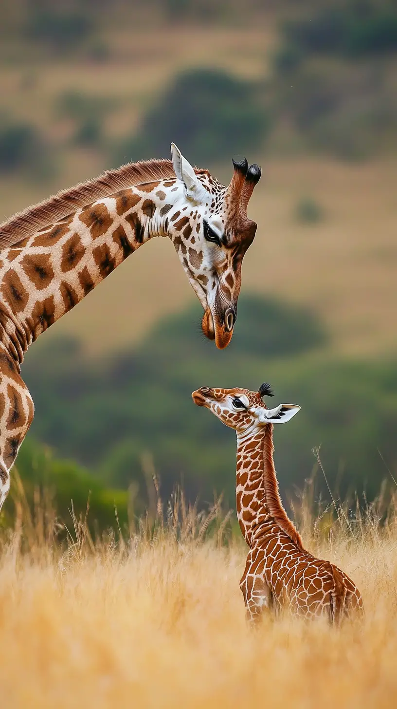 Giraffe And Calf Resting Together On Golden Savanna Grass