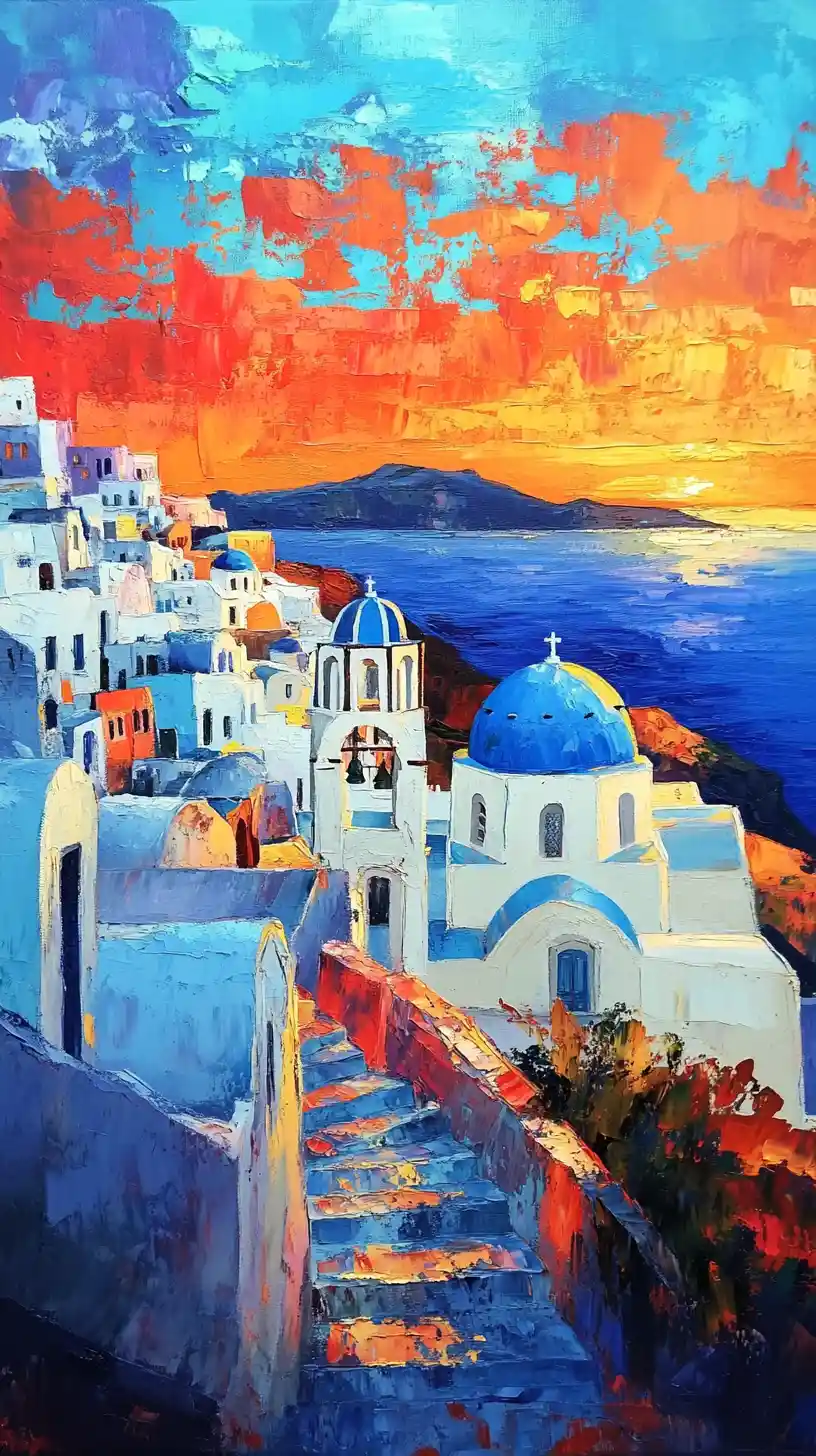 Santorini white buildings and blue domes at warm sunset