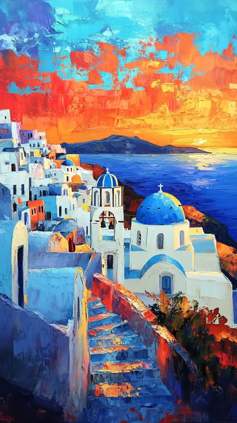 Santorini white buildings and blue domes at warm sunset
