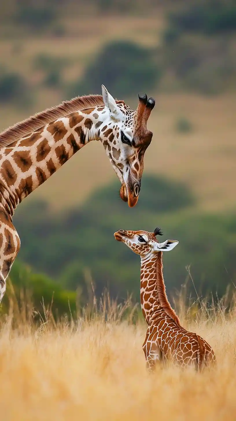 Giraffe And Calf Resting Together On Golden Savanna Grass